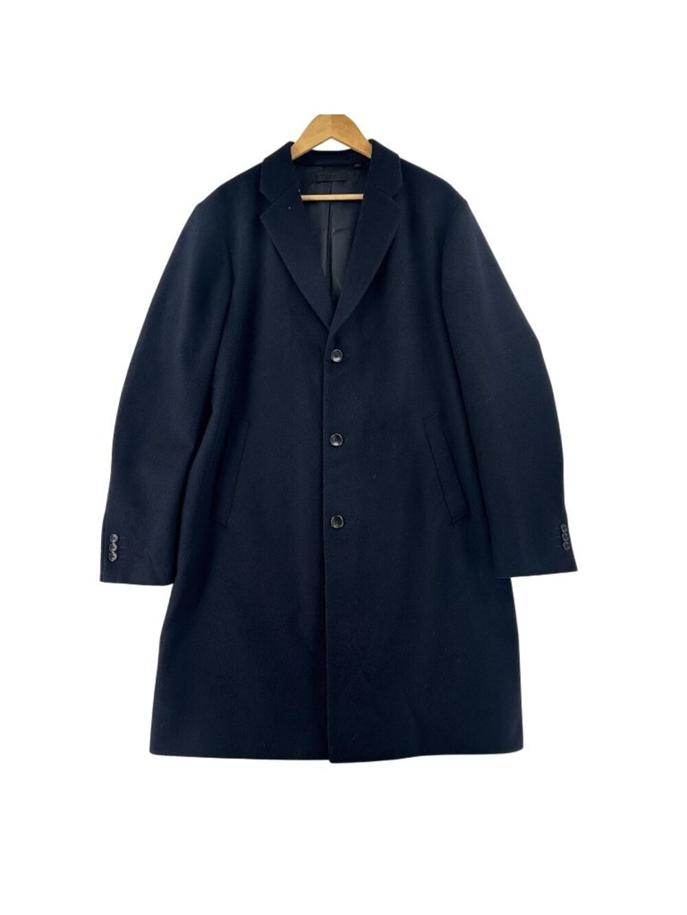 UNIQLO Wool Cashmere Chesterfield Long Coat Men’s Size Large Navy Blue Overcoat